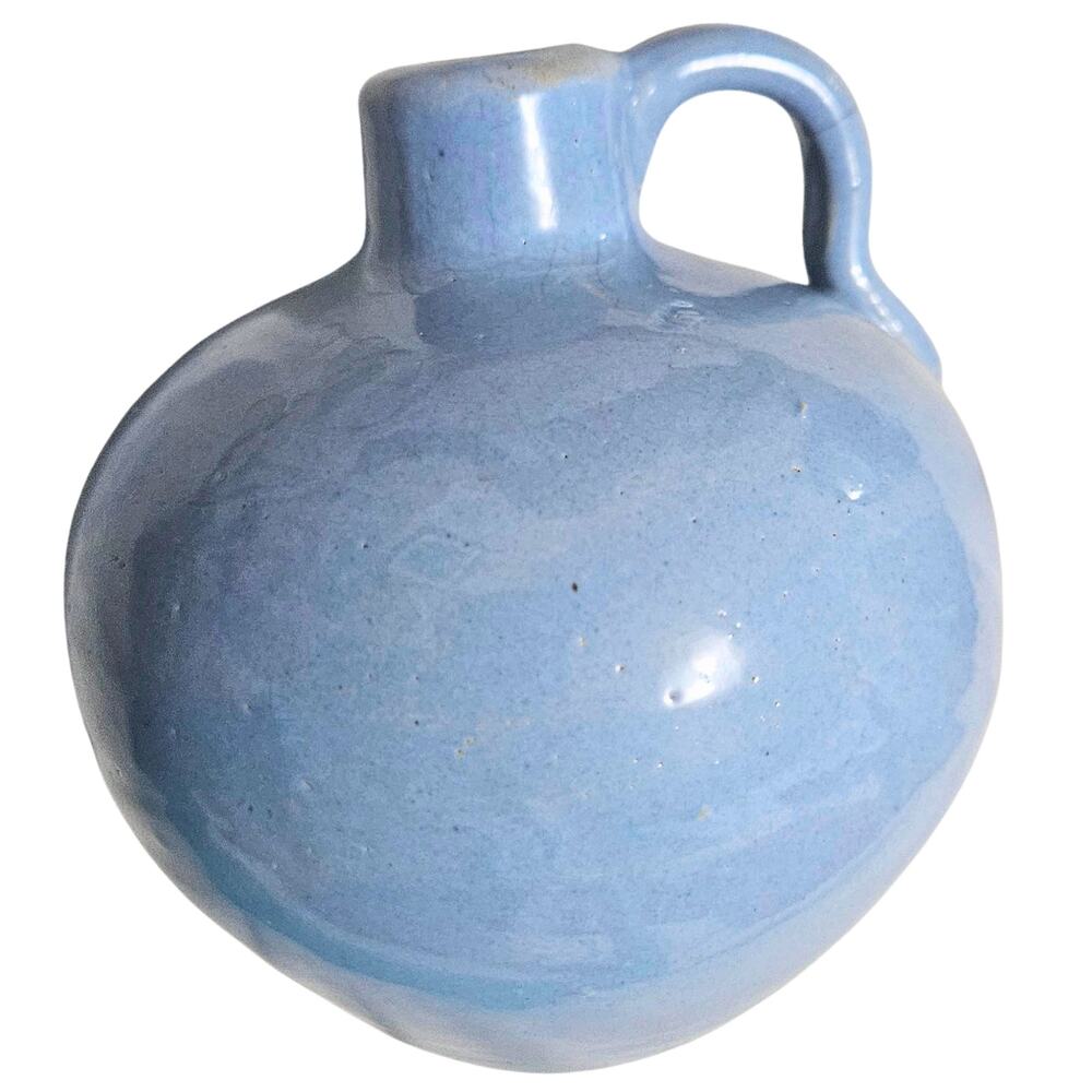 1930s Acorn Blue Glazed Short Round Pottery Vase Mini Water Jug Handle Farmhouse